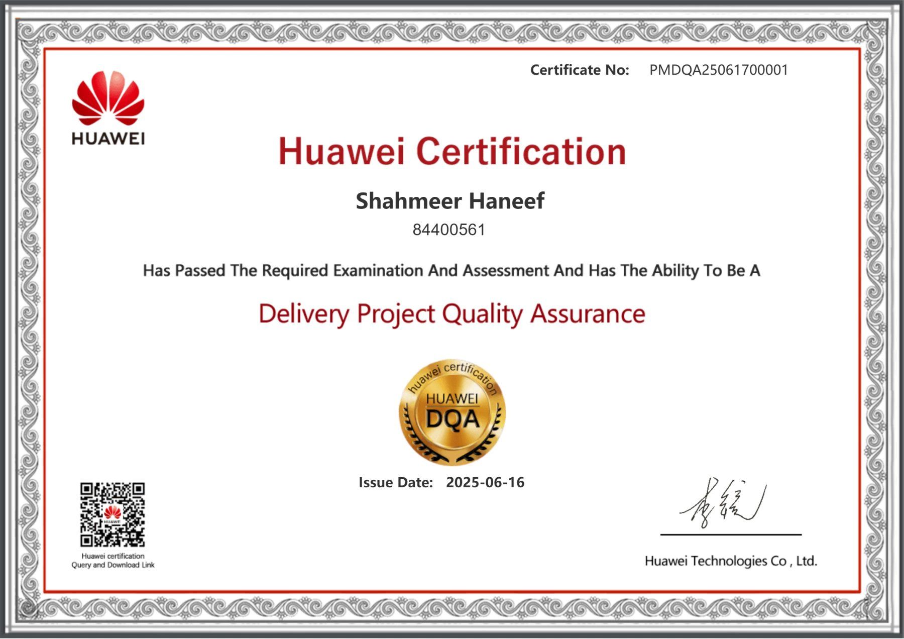 Huawei Deliver Project Quality Assurance certificate